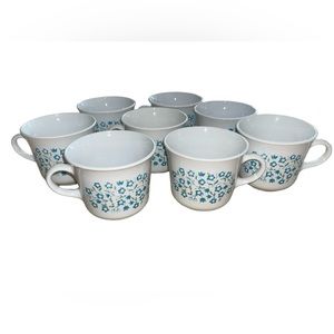 8 piece Set Corelle “Blue Heather” Milkglass Mugs Cups